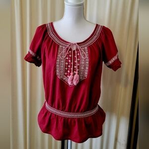 St. John’s Bay Red Embroidered Blouse – Boho Chic Top | Size Medium
